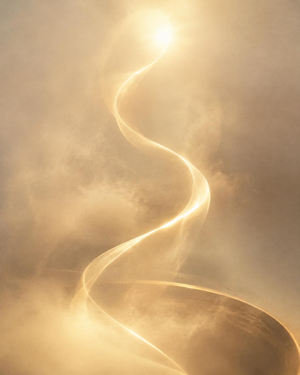 A ribbon of golden light rising through warm mist